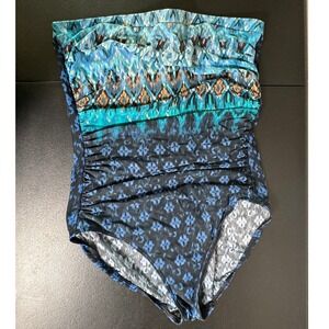 Miraclesuit Womens Blue Ikat Strapless Bandeau One Piece Swimsuit Tummy Control